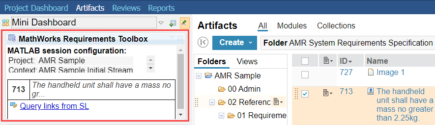 The MathWorks Requirements Toolbox widget is shown on the left in an open module in IBM DOORS Next.