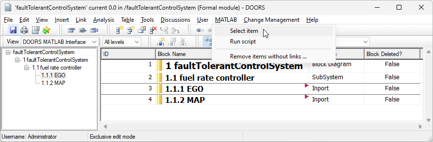 The item 1.1.1 EGO is selected in a surrogate module in IBM DOORS. The mouse points to the Select item option in the MATLAB menu.