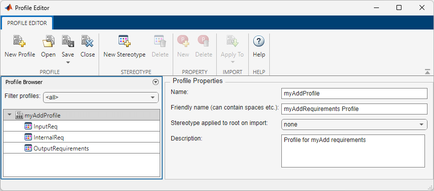 Profile Editor showing a profile called myAddProfile with 3 stereotypes.