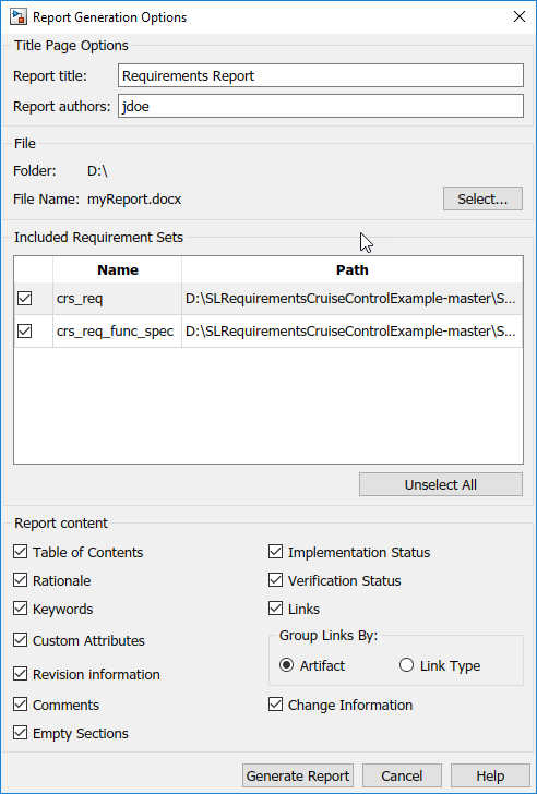 The Report Generation options dialog box shows the included requirement sets, crs_req and crs_req_func_spec. The report title field is set to Requirements Report and the Report authors field is set to jdoe.