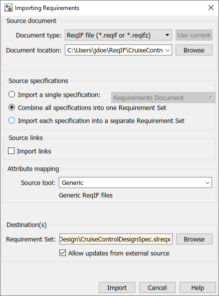 The Importing Requirements dialog is shown with Source specifications set to Combine all specifications into one Requirement Set.