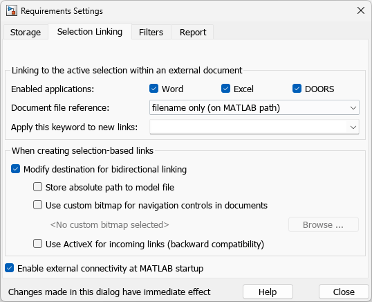 The Requirements Settings Selection Linking tab is shown. Under When creating selection-based links, Modify destination for bidirectional linking is selected.