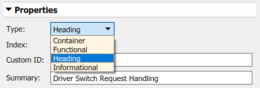 The Properties section of the Requirements Editor is shown, with the Heading custom requirement type selected from the Type menu.