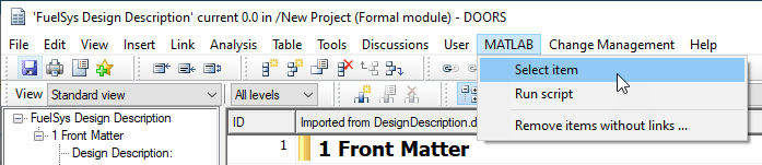 In an IBM DOORS module, the mouse points to Select item under the MATLAB menu in the toolbar.