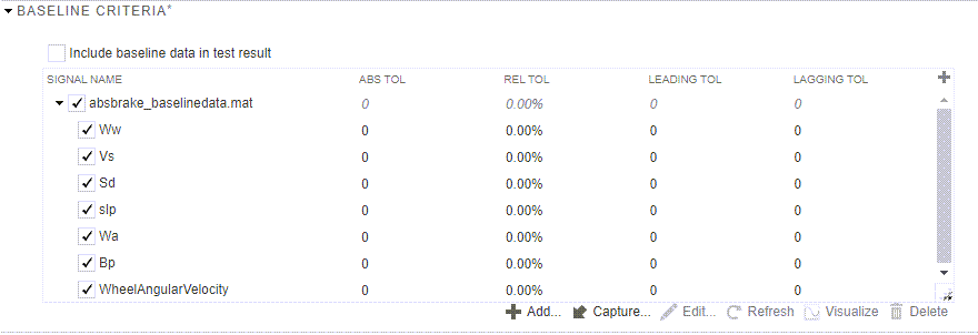 The baseline criteria section with the logged signals and tolerances.