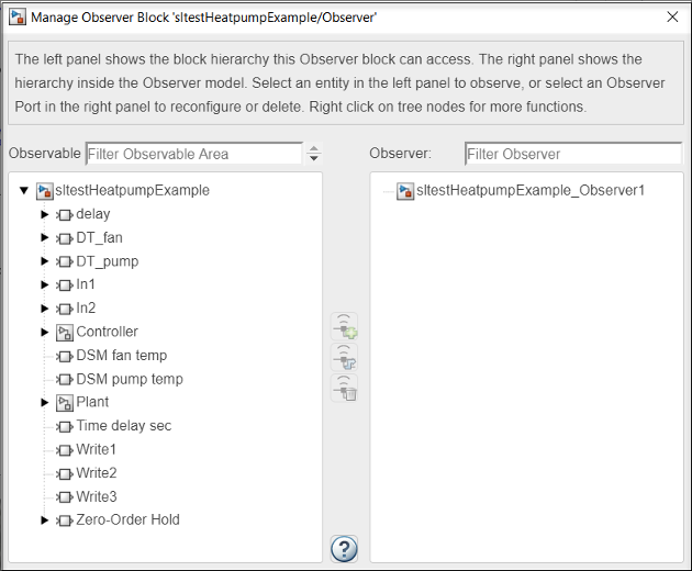 Manage observer block dialog box showing model block hierarchy