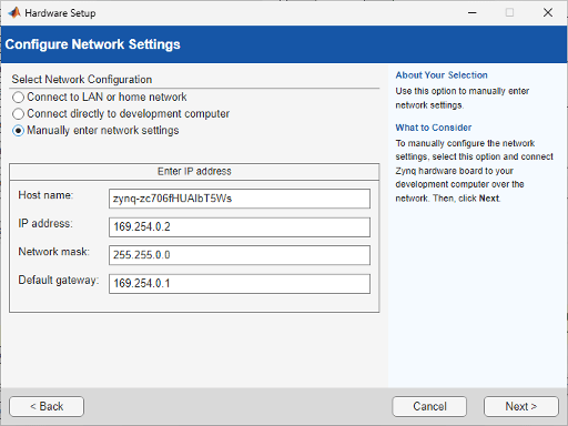 Network configuration step on host computer. Option to manually enter the network settings.