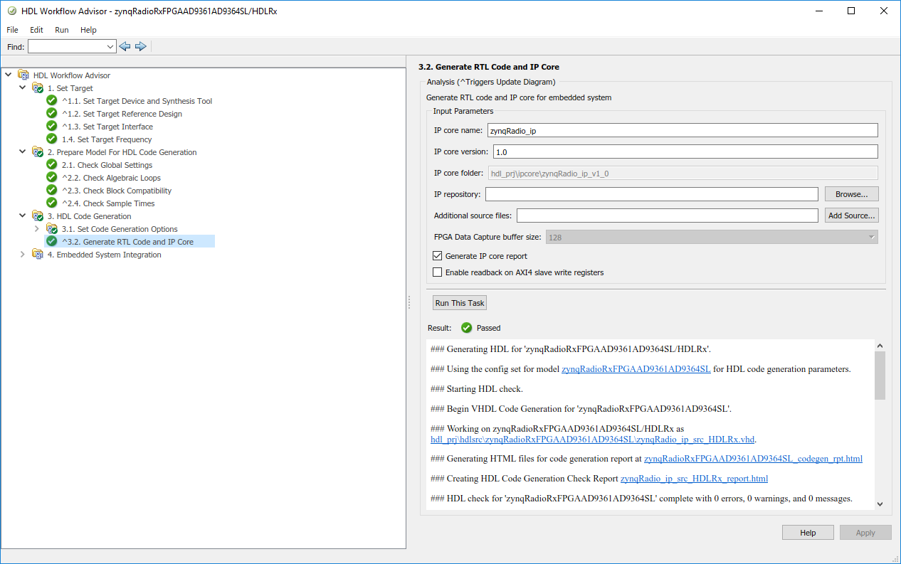 HDL workflow advisor window with generate RTL code and IP core selected