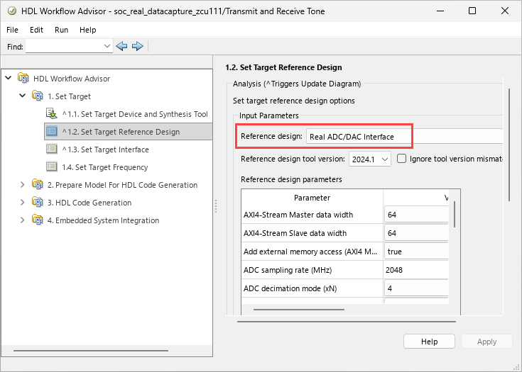 HDL Workflow Advisor open on the 1.2. Set Target Reference Design step, with the Reference design parameter highlighted in the right pane.
