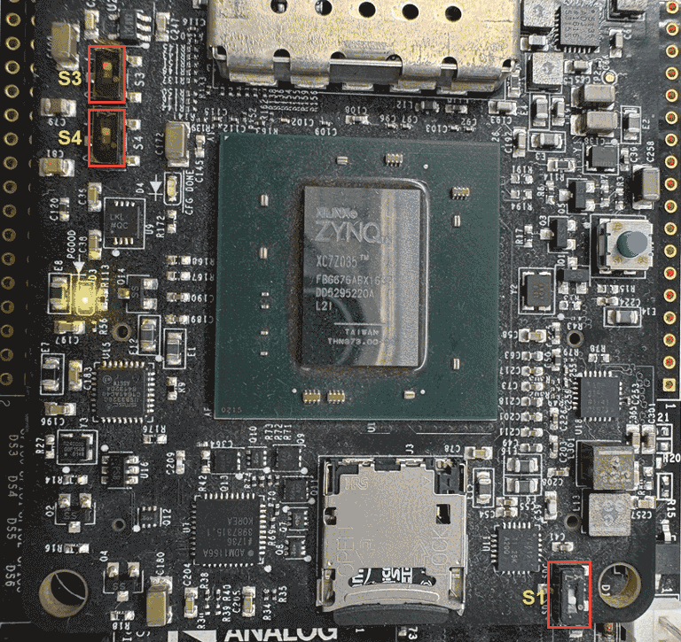 S1, S3, and S4 switch positions on the ADI RF SOM board