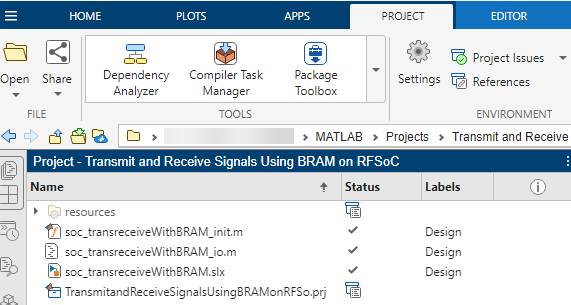 Transmit and Receive Signals Using BRAM on RFSoC project containing the soc_tansreceiveWithBRAM.slx, soc_transreceiveWithBRAM_init.m, and soc_transreceiveWithBRAM_io.m files