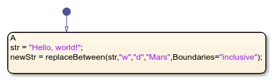 Stateflow chart that uses the replaceBetween operator in a state.