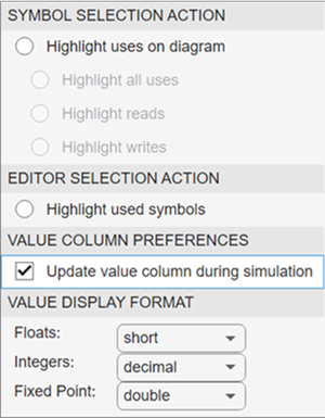 Symbols pane preference menu.