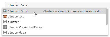 List of suggested command completions. The first suggestion in the list is for the Cluster Data task, and is selected.