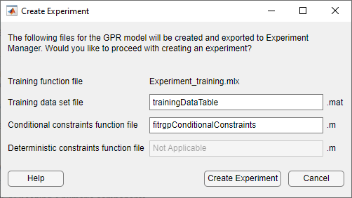 Create Experiment dialog box in Regression Learner for a GPR model