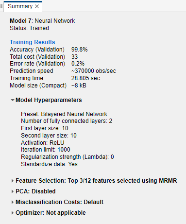 Summary tab for a trained neural network model