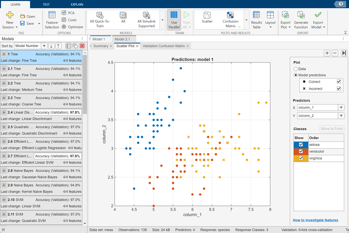 Classification Learner app with trained models in the Models pane