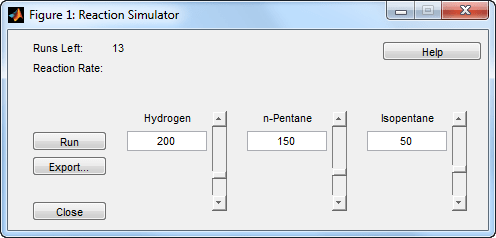 Dialog box showing the reactant concentration settings and simulator controls.