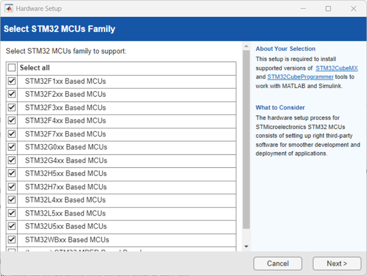 First Screen of Hardware Setup for STM32 Microcontroller Blockset