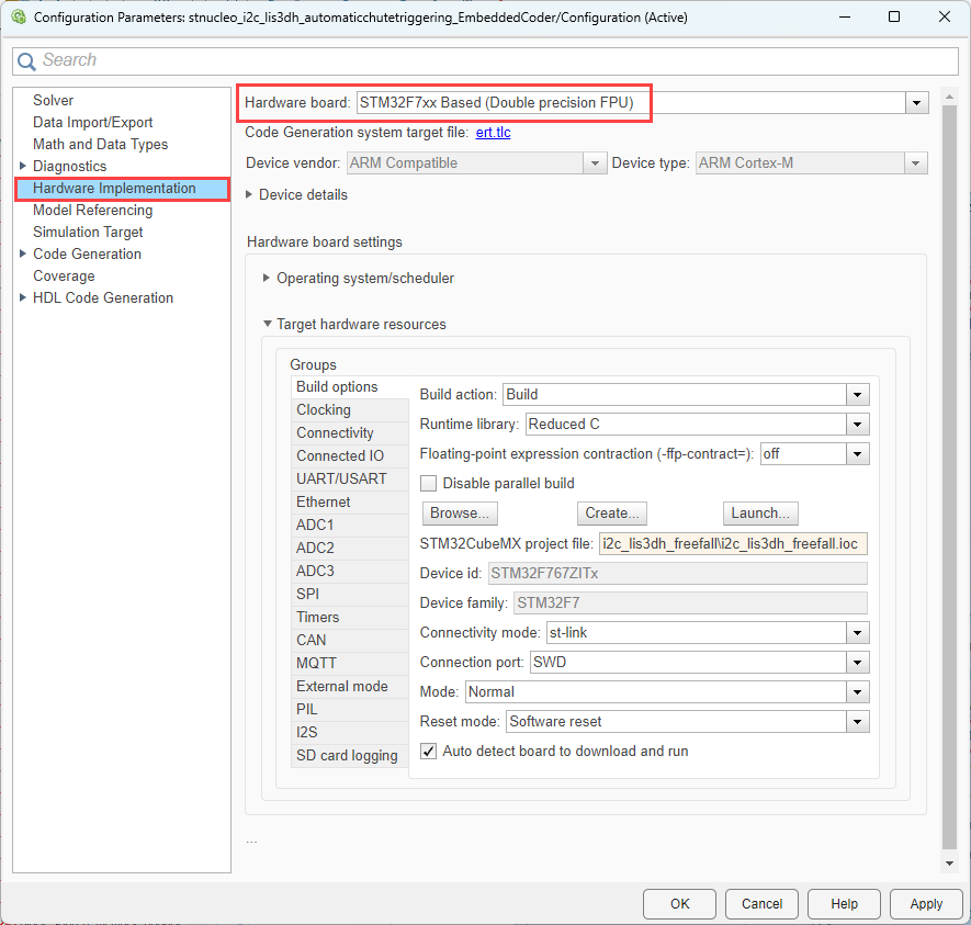 Model configuration parameters for selecting Analog Input resource on STM32F7xx Based processor board