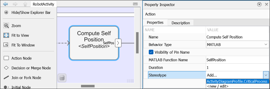 Profiles in activity diagram using property inspector.