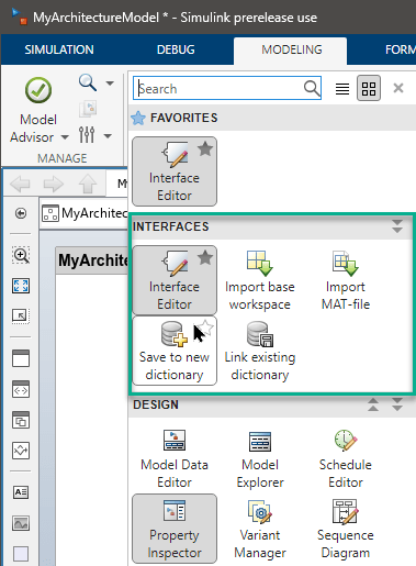 Design menu on the Modeling tab with the Interfaces section highlighted