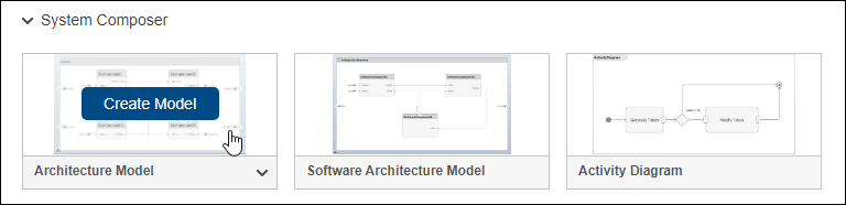 Simulink new selection menu specifying a System Composer architecture model.