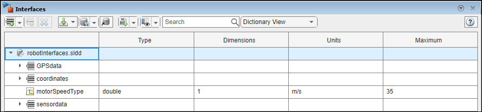 The robot interfaces data dictionary shown in the Interface Editor window. Below the data dictionary are the interfaces.