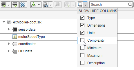 The Interface Editor view with the drop down next to the show hide columns icon is selected. The columns Type, Dimensions, and Units are selected.