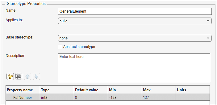 Stereotype properties section for stereotype named 'General Element' and property name 'Ref Number' of type int8 with a default value of 1.