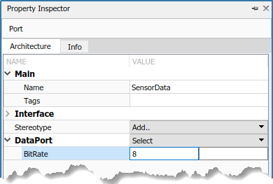 Setting properties for a 'Data Port' stereotype assigned to the 'Sensor Data' port.