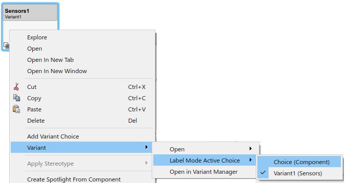 Using the right-click menu on 'Sensors1' to choose from the 'Variant' option the 'Label Mode Active Choice' as 'Component' referencing 'Choice'.