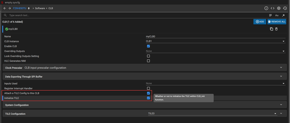CLB instance configuration showing Attach a TILE Config and Initialize TILE check boxes