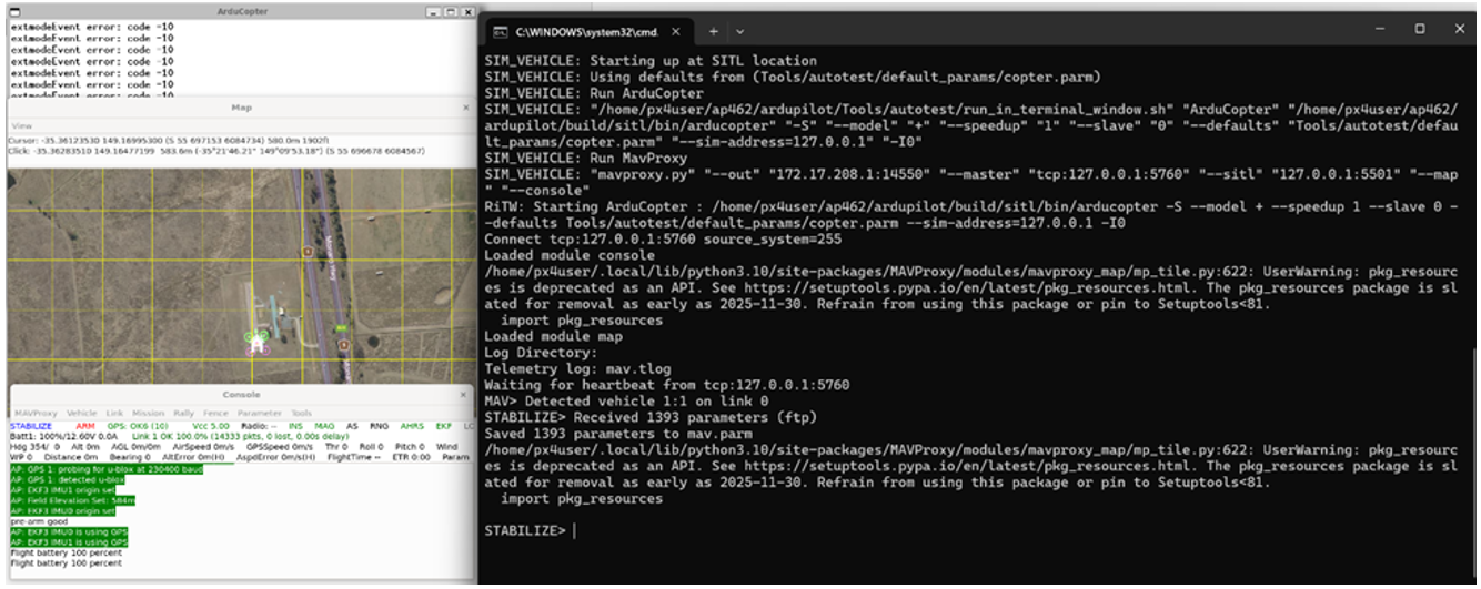 ArduPilot SITL, MAVProxy Console, and MAVProxy Map windows
