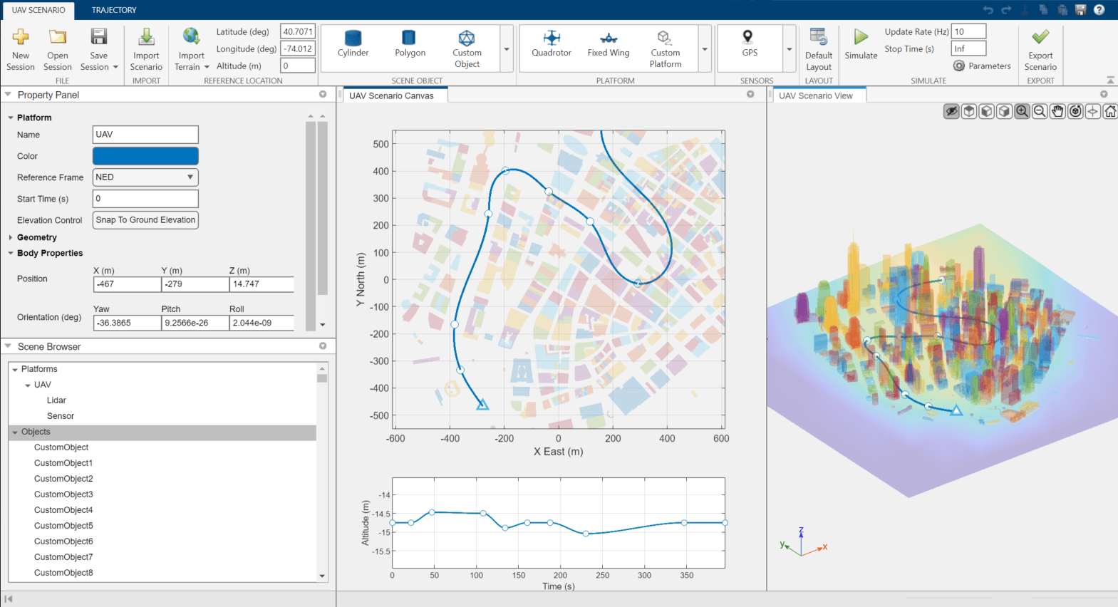 UAV Scenario Designer app preview showing the property panel, scenario canvas, and scenario view