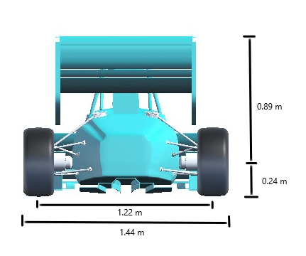 Rear view of formula student vehicle and its rear axle dimensions, and height shown. The height from the ground to the tire center is 0.24 meters. The height from the tire center to the top of the vehicle is 0.89 meters.