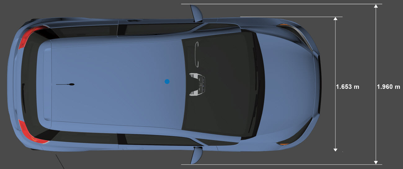 Top-down view of hatchback with the origin marked in blue at its center and its width dimensions shown. The width not including rear-view mirrors is 1.653 meters. The width including rear-view mirrors is 1.960 meters.