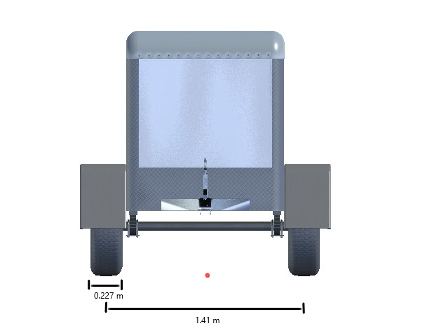 Front view of trailer with the origin marked in orange beneath its center and its tire width and front axle dimensions shown. The tire width is 0.227 meters. The axle width is 1.41 meters.