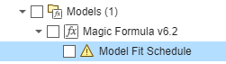 Model Fit Schedule object with a yellow icon indicating the fit completed with warnings.