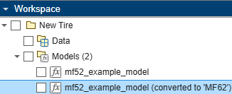 Converted tire model selected in the Tire Manager app workspace tree.