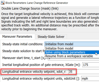 Lane Change Reference Generator block mask parameters