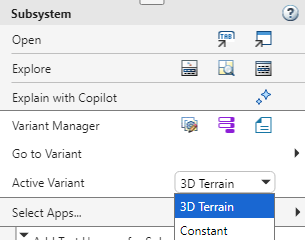 3D Engine subsystem context menu with 3D Terrain selected for the Active Variant option.