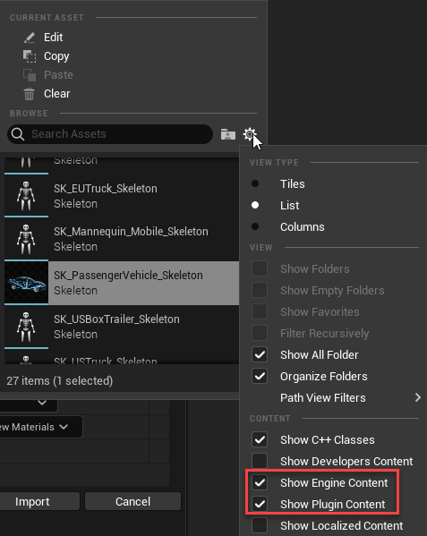 FBX Import Options indicating show engine and show plugin content are both enabled