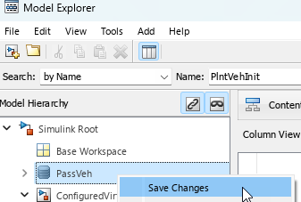 Model Explorer window displaying the PassVeh data dictionary under the Model Hierarchy panel with the right-click menu open and the Save Changes option highlighted.