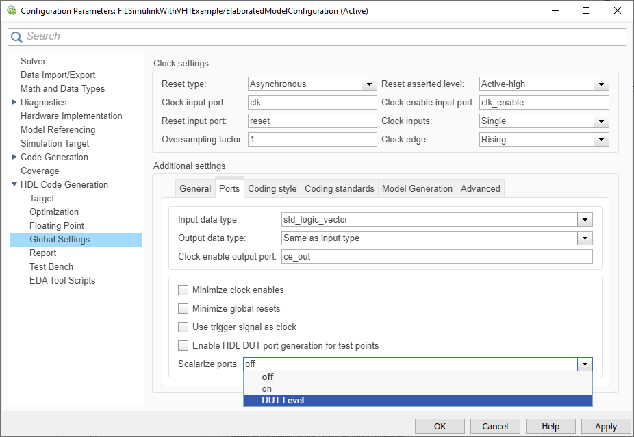 Configuration parameters, open to the HDL Code Generation > Global Settings pane and showing the drop down menu options for the Scalarize ports parameter