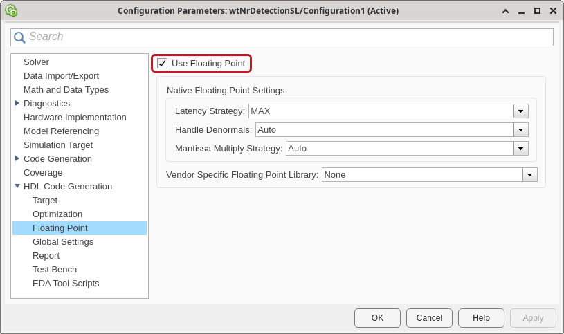 HDL Code Generation > Floating Point panel in the Configuration Parameters settings window