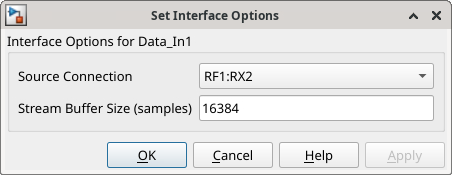 Set Interface Options dialog box for Data_In0, showing source connection set to RF1:RX2 and stream buffer size set to 16384 samples