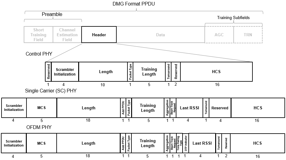 DMG header field. See the packet structure of single carrier PHY and OFDM PHY
