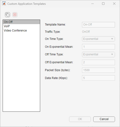 Custom Application Templates dialog box showing options for configuring traffic templates