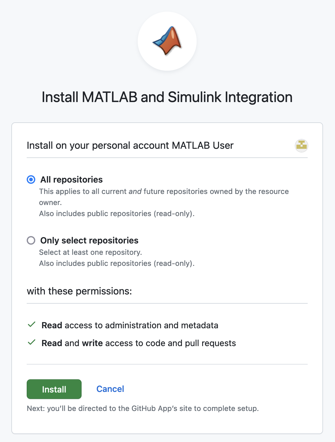 Screenshot showing an example of the select repositories UI on GitHub